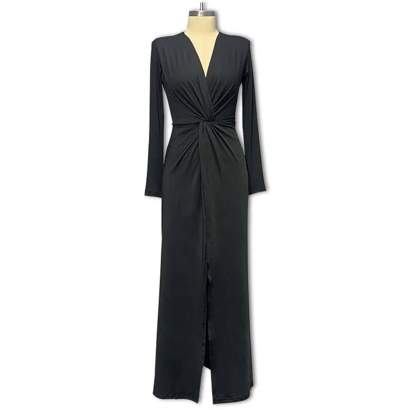 Fashion New Women's Long Sleeve Deep V-Neck Solid Color Long Dress Sexy Folds High Split Fork Women's Solid Color Party Dress