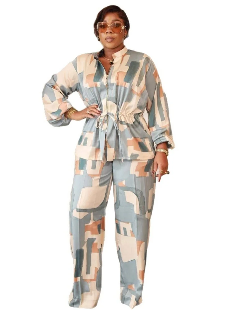 Wmstar Two Piece Set Women Wholesale Elegant Commuter Stand Up Collar Printed Drawstring Waist Cinching Long Sleeved 2025