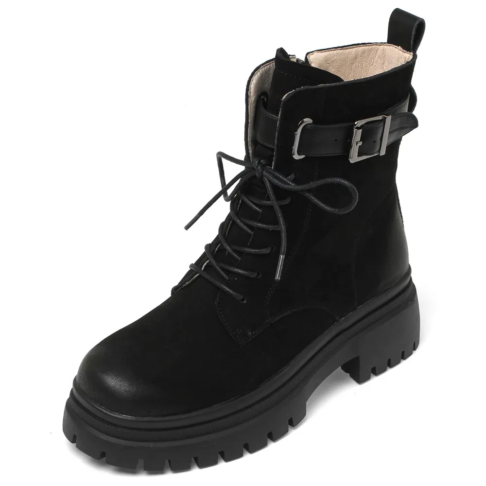 

GCYFWJ Cow Suede Women Ankle Boots For Women's Lace-Up Round Toe Chunky Heel Shoes Ladies Buckle Retro Platform Botas Mujer 2023