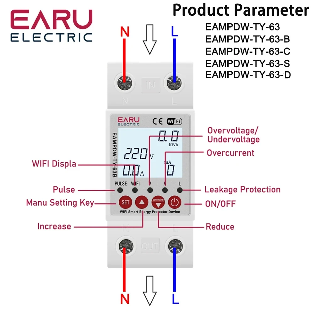 2P 63A 230V Tuya WiFi Smart Energy Meter Power kWh Meter Earth Leakage Over Unde