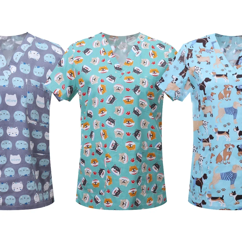 Medical Scrubs Cotton Cartoon Print Nurse Uniform Laboratory Pet Shop Overalls Tops
