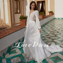 Love Elegant Lace Applique Chiffon A-Line Wedding Dresses Long Puffy Sleeve Deep V-Neck A-Line Backless Floor Length Bride Gowns