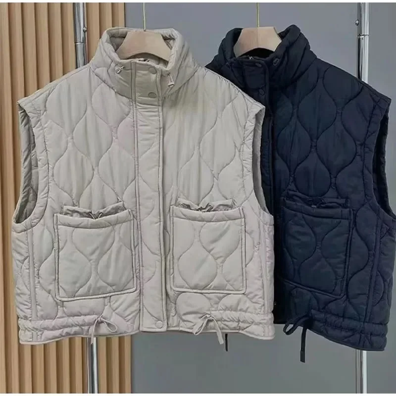 

New Thin and Light Patch Checkered Down Vest Women Black Grey Sleeveless Jackets Casual Stand Collar Single Breasted Tops