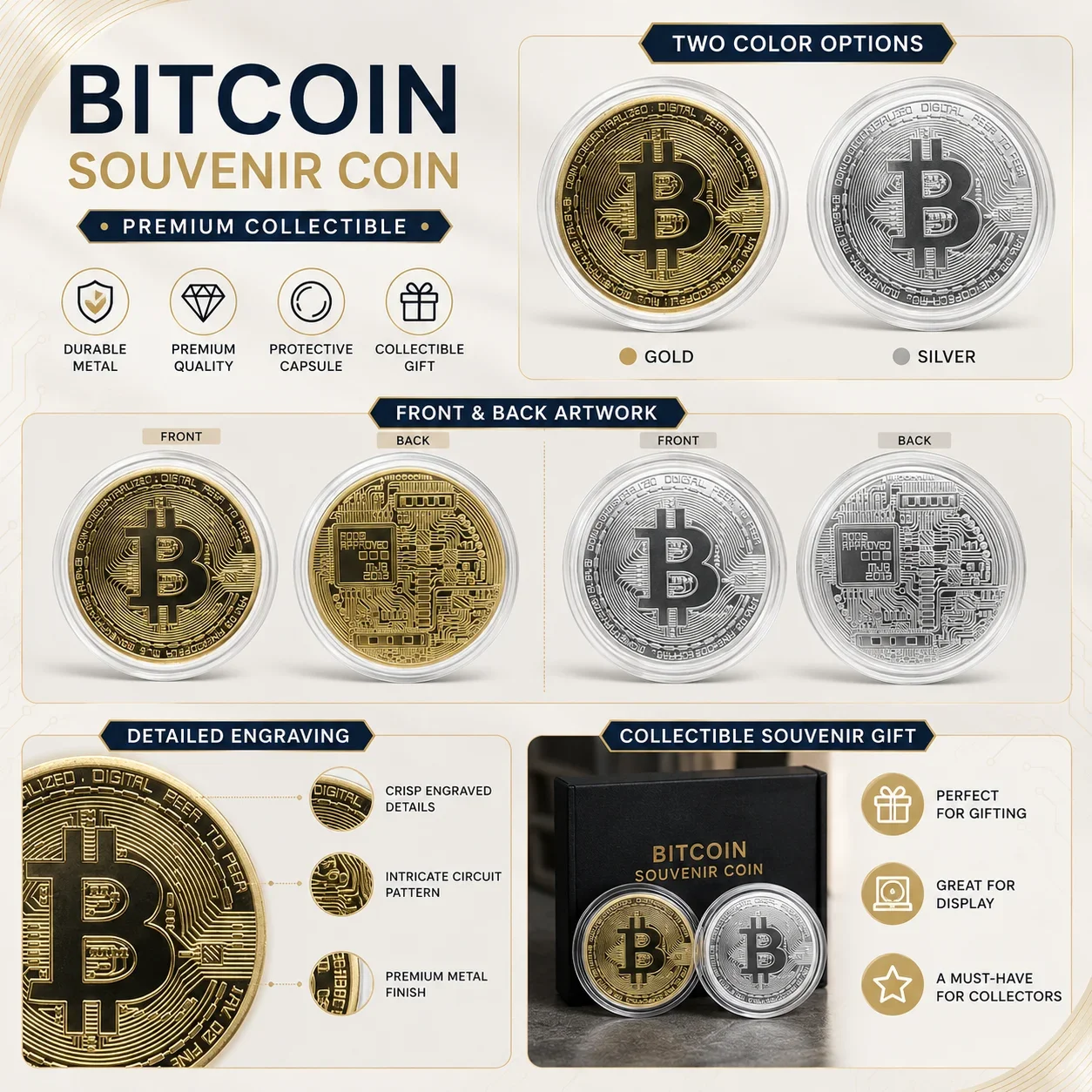 Moneta Commemorativa Bitcoin, Placcata in Oro, Oggetto da Collezione per Appassionati di Criptovalute, Regalo per Investitori, Moneta Novità - immagine 4