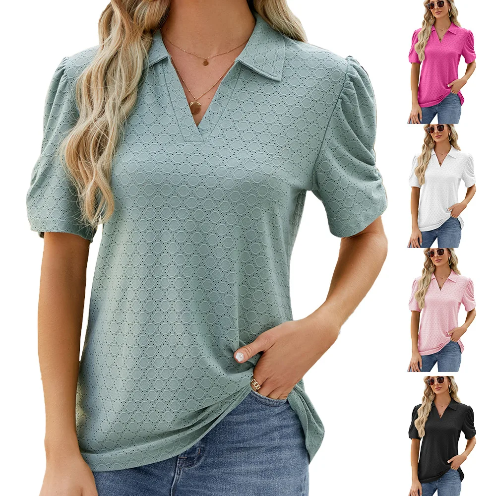 

Spring and Summer Casual Women's Solid Color V-neck Short Sleeved Loose T-shirt Top