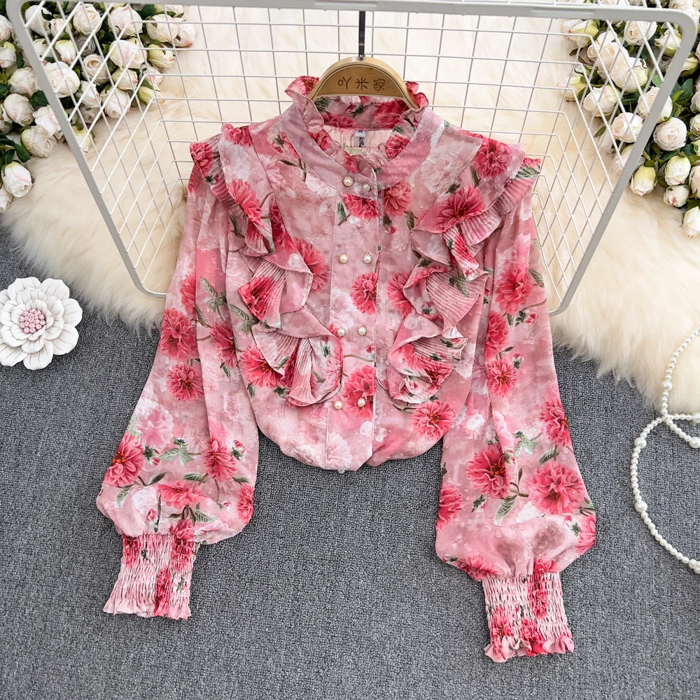 

2022 Spring Gentle Wind Stand-up Collar Lotus Leaf Loose Lantern Sleeves Floral Chiffon Shirt Women's Long-sleeved Top