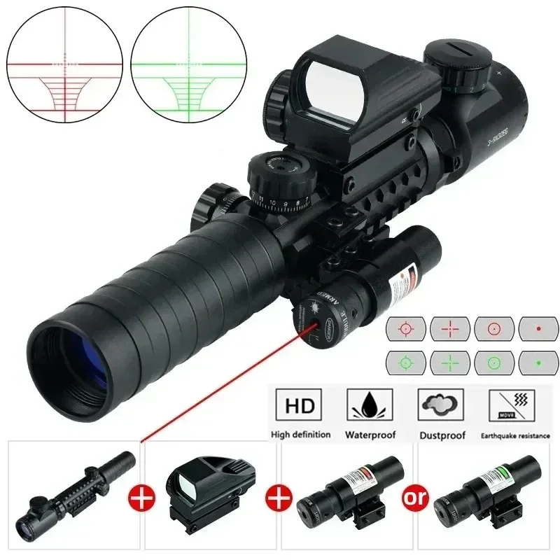 3-9x32 Tactical Red/Green Reticle Riflescope Red Laser Combo Scope Reflex Holographic Dot Sight Hunting Shooting Optical