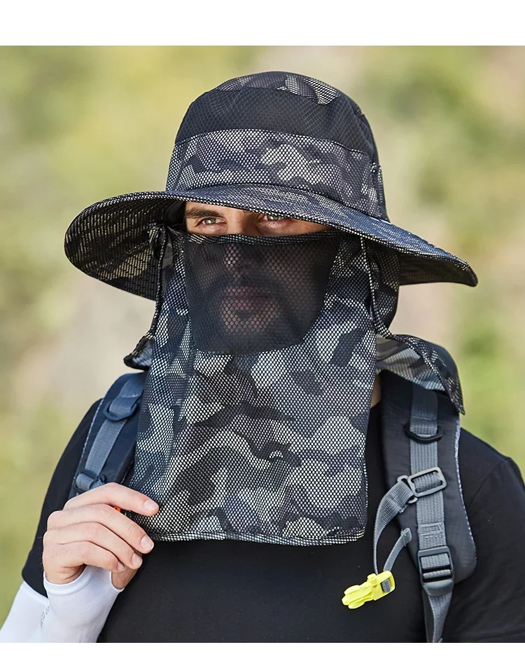 Camouflage Fischer Hut Sommer Männer Gesicht Schild Kappe Hals Schutz Sonnenhut Outdoor Angeln Wandern Anti Uv Schal Visier Eimer Hut – Detail 7