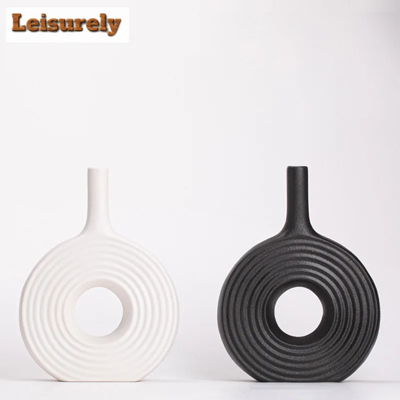 Wall Moon Ceramic Vase Decorative Vasen Pot Single Branch Flower Arranging Utensils Ornament Donut Design Flowerpot Table Decor