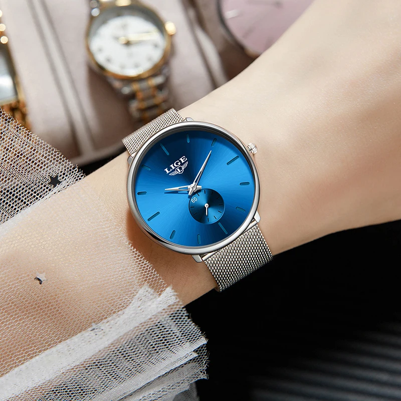 LIGE Women's Quartz Wristwatches Simple Ultra Thin Mesh Round Watch Women Waterproof Bracelet Watch Gift For Women Montre Femme