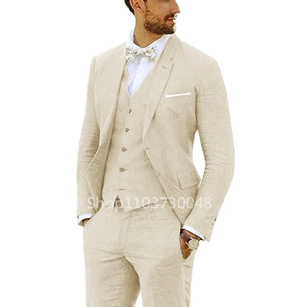 High Quality 3 Piece Beige/Blue Linen Men Suits Casual Single Breasted Slim Fit Blazer Vest Pants Notch Lapel Costume Homme Sets