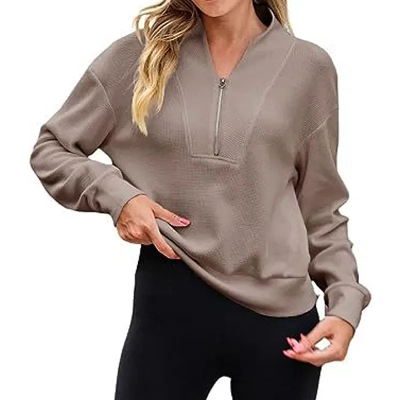 2023 Winter Women's New Fashion Casual Knitted Sweatshirt Loose and Comfortable Waffle Zipper V-Neck Pullover Long Sleeve Top