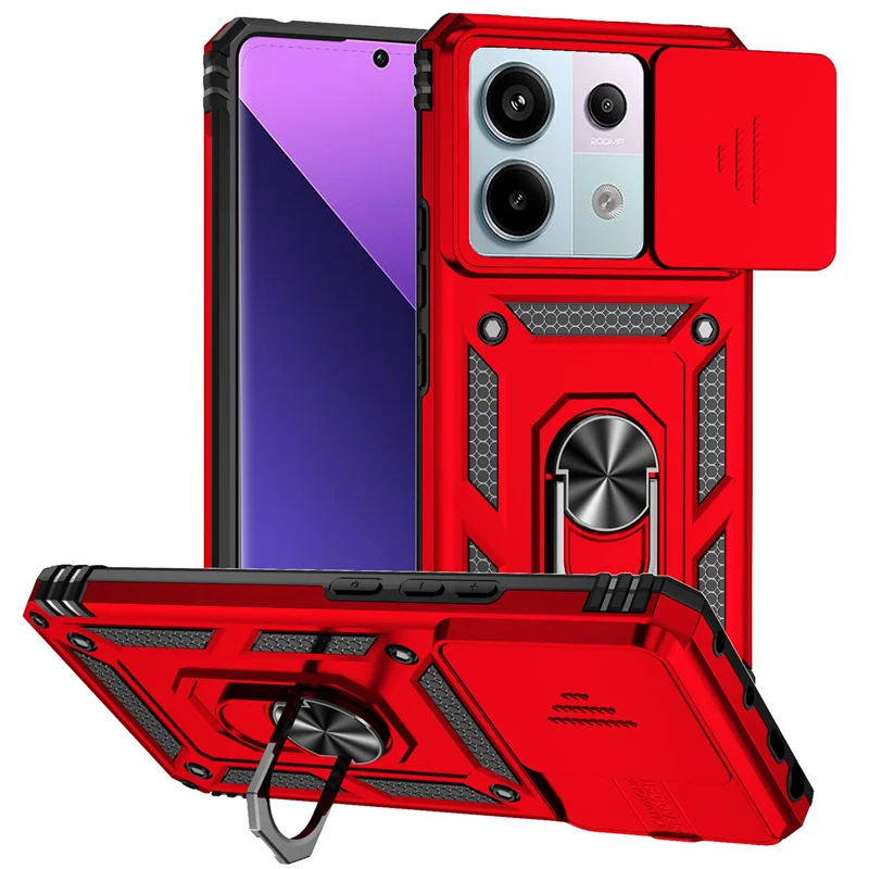 Shockproof Armor Protective Case with Slide Lens Protector and Magnetic Ring Holder