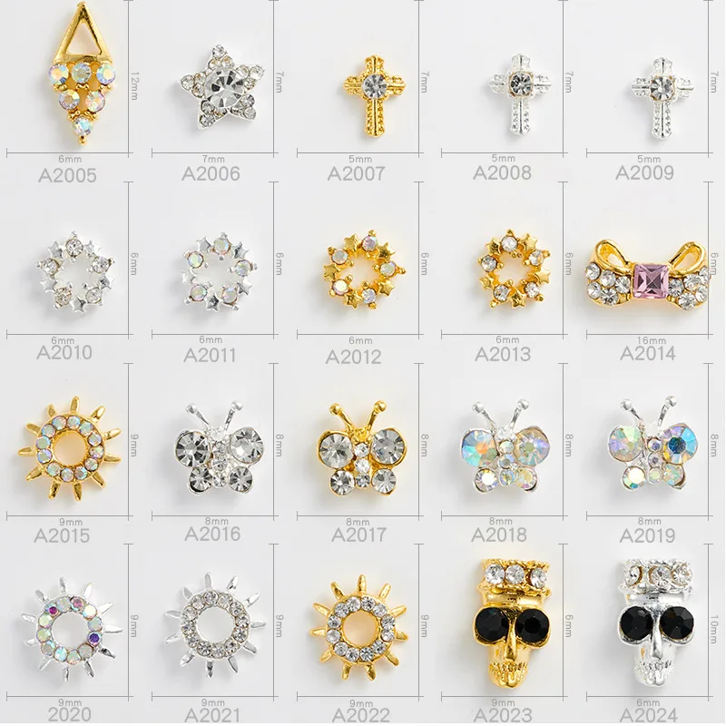 Crystal Rhinestone Triangle Star Cross Bow Sun Butterfly Skull Nail Charms Metal Alloy Nail Art Decoration Jewelry 10pcs 10pcs lot alloy butterfly nail charms 3d bow nail art jewelry manicure hollow gold silver bow tie nail parts bulk supplies