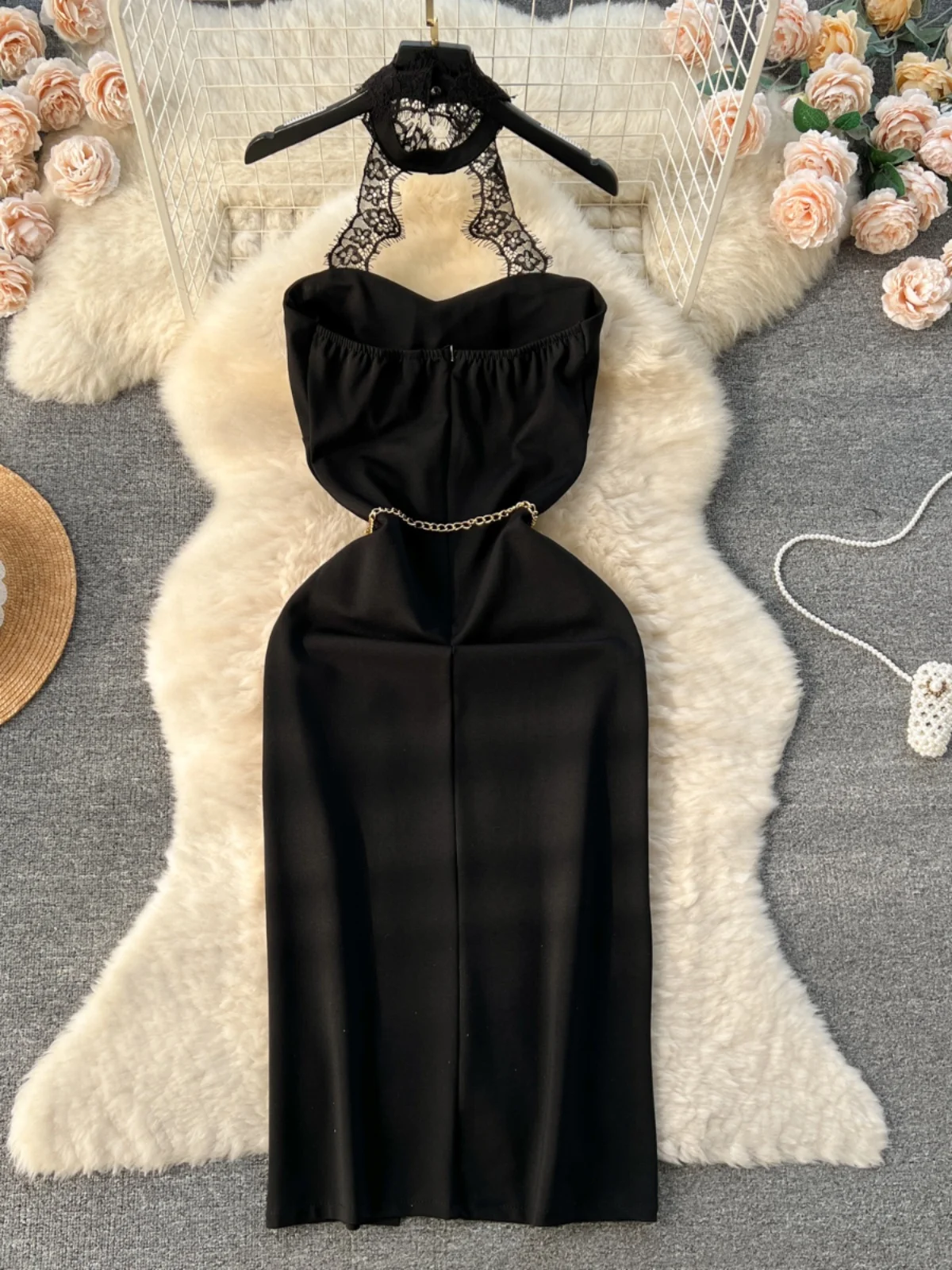 

Chic Sexy Lace Halter Split Dress Off Shoulder Sleeveless Backless Fashion Women Slim Autumn Winter Party Dress