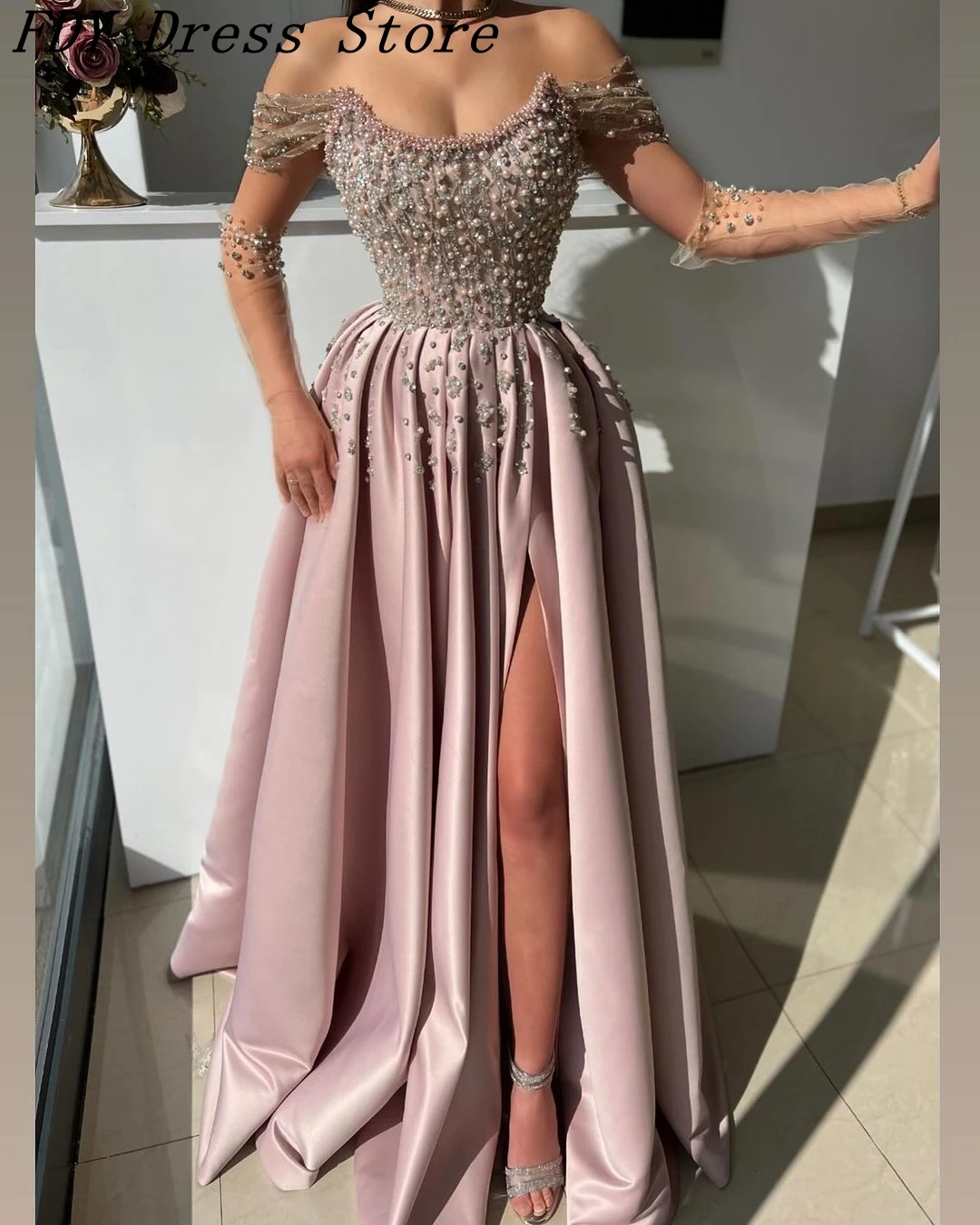 

Vintage Off The Shoulder Prom Dresses Beadings Pearls Evening Dresses Floor Length Front Split Party Dresses vestidos de fiesta