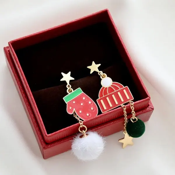 Orecchini Pendenti A Tema Natalizio – Stella Rossa E Albero Di Natale In Velluto Con Corona – Ipoallergenici – Confezione Regalo