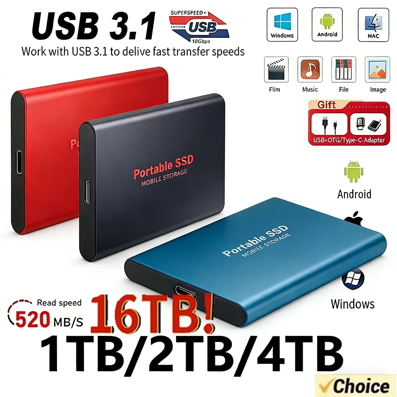 ฮาร์ดไดรฟ์ใหม่แท้ ปี 2026 ความจุ 16TB ฮาร์ดดิสก์ภายนอกความเร็วสูง 4TB USB3.1 แบบพกพา SSD ขนาดใหญ่ 2TB สำหรับแล็ปท็อป/Mac/PC/โทรศัพท์ 1