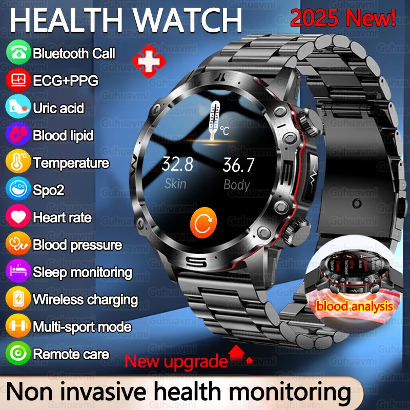 GUHUAVMI ET482 Precise Blood Lipids Uric Acid Smart Watch For Men ECG+PPG Clock Bluetooth Call Health Smart Watches
