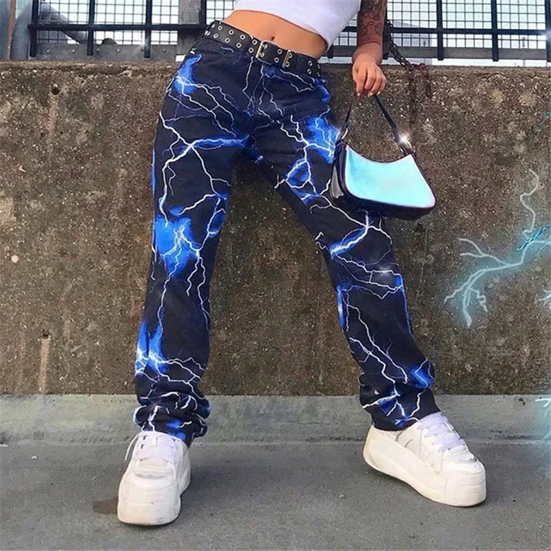 Spring and Autumn Fashion Street Lightning Printed Wide Leg Casual Pants Slim Contrast High Waist Women's Overalls Ladies Pants new american high street fashion streetwear lightning love patch embroidery harajuku jeans hip hop trousers men y2k hot sale