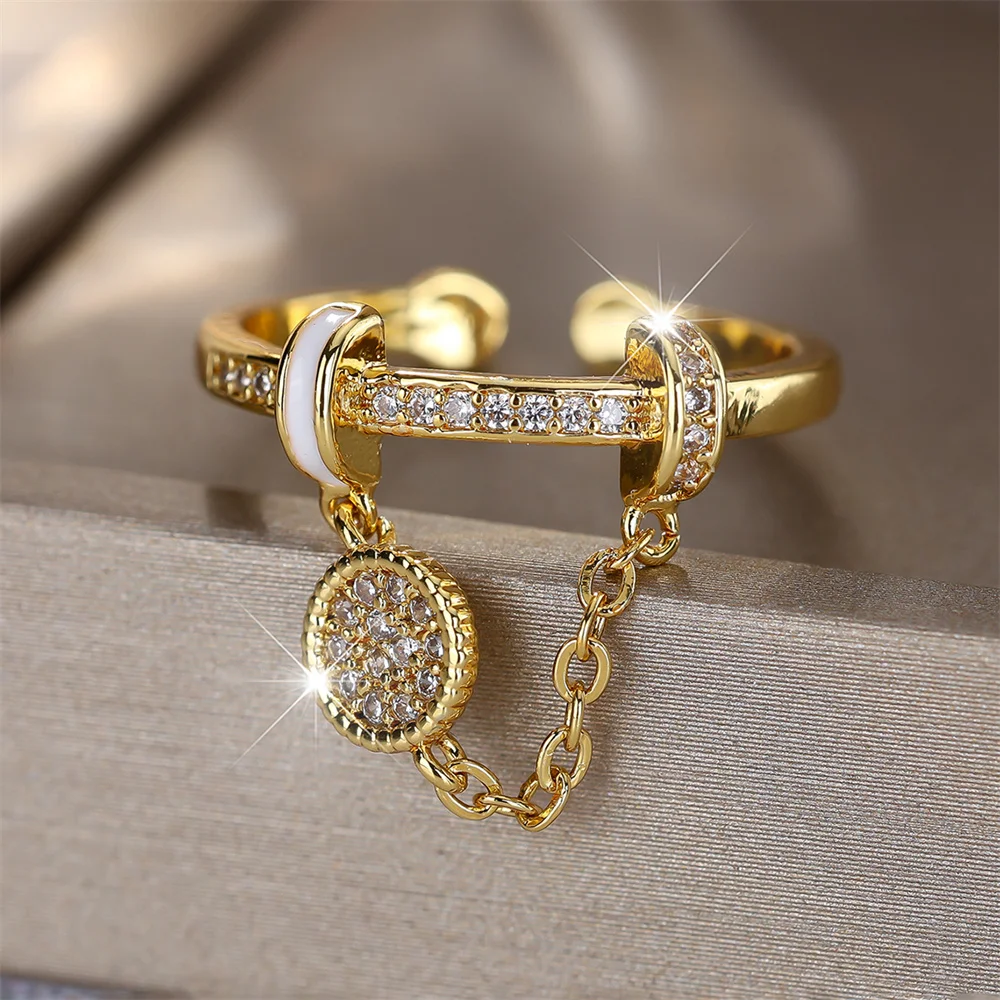 White Zircon Tassel Pendant Chains Opening Rings For Women Vintage Gold Color Engagement Wedding Jewelry Bridal Accessory Gifts