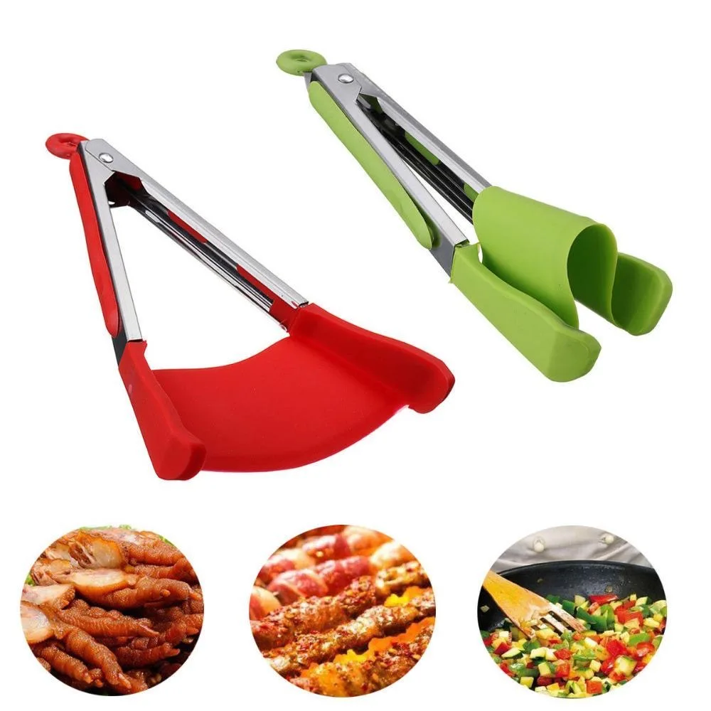2 in 1 Non-stick Clever Tongs Heat Resistant Silicone Spatula Cooking Food Clip 