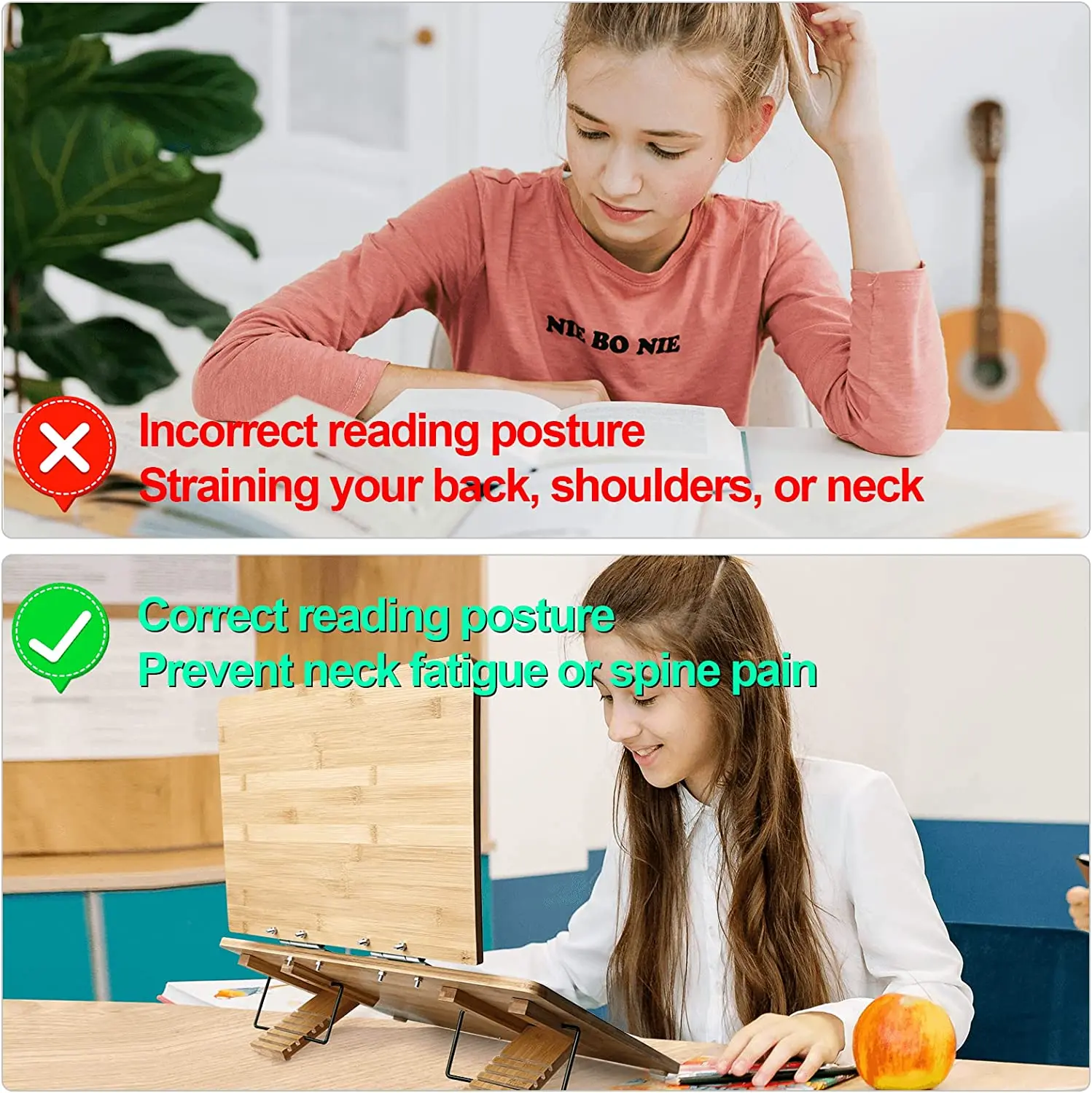 독서용 대나무 책 스탠드, 대형 이중 레이어 학생 책 거치대, 휴대용 스탠드, 높이 6 개 조절, 핸즈프리 독서
