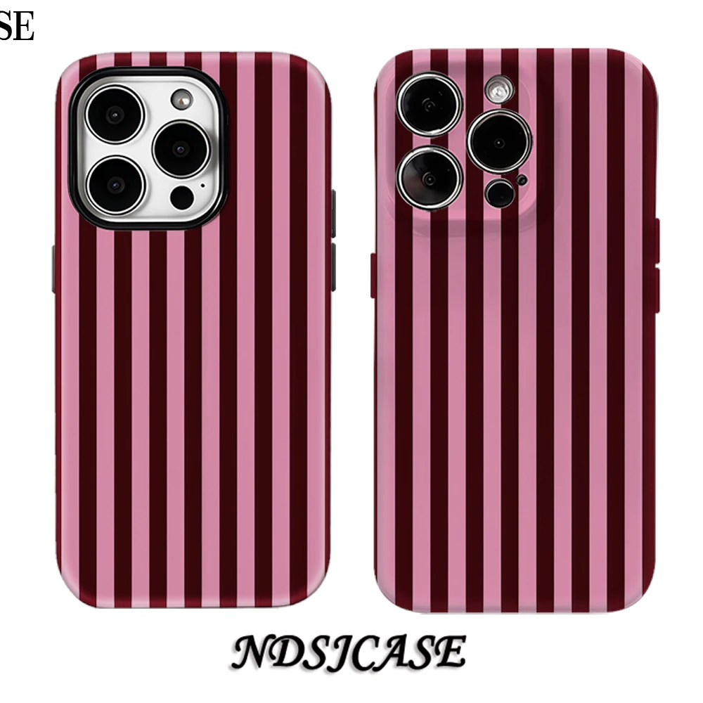 Luxury Double-Layer Pink Burgundy Vertical Striped Phone Case
