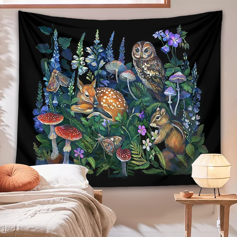 Enchanted Forest Tapestry Wall Hanging Botanical Celestial Mushroom Wild Flower Magic Wall Carpets Dorm Decor Starry Sky Carpet