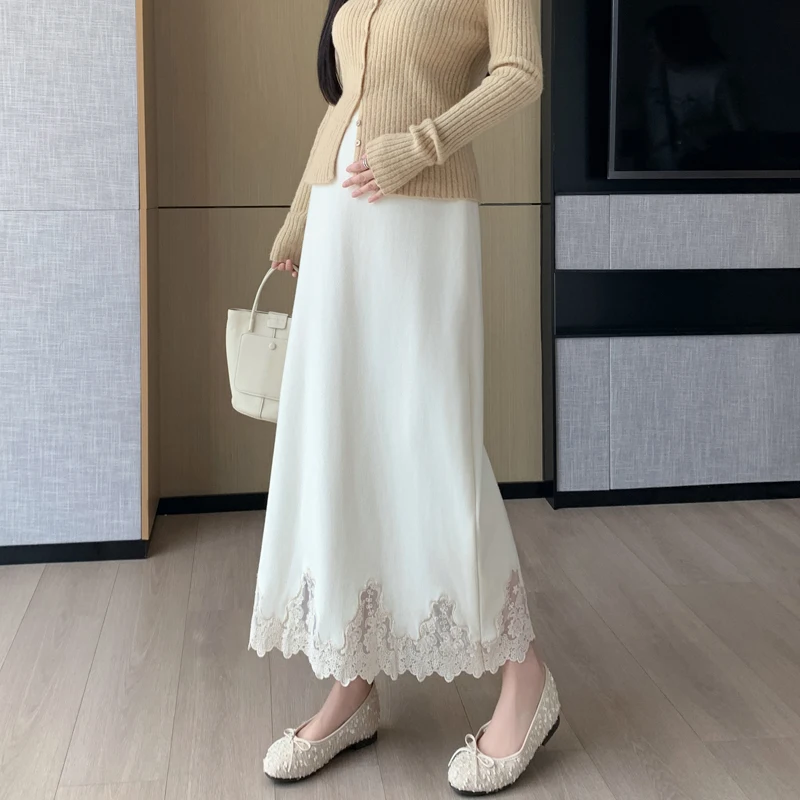 Autumn Winter Lace Patchwork Maternity Clothing High Quality Slimming Slit Knitted Skirt for Pregnant Women Youth Pregnancy