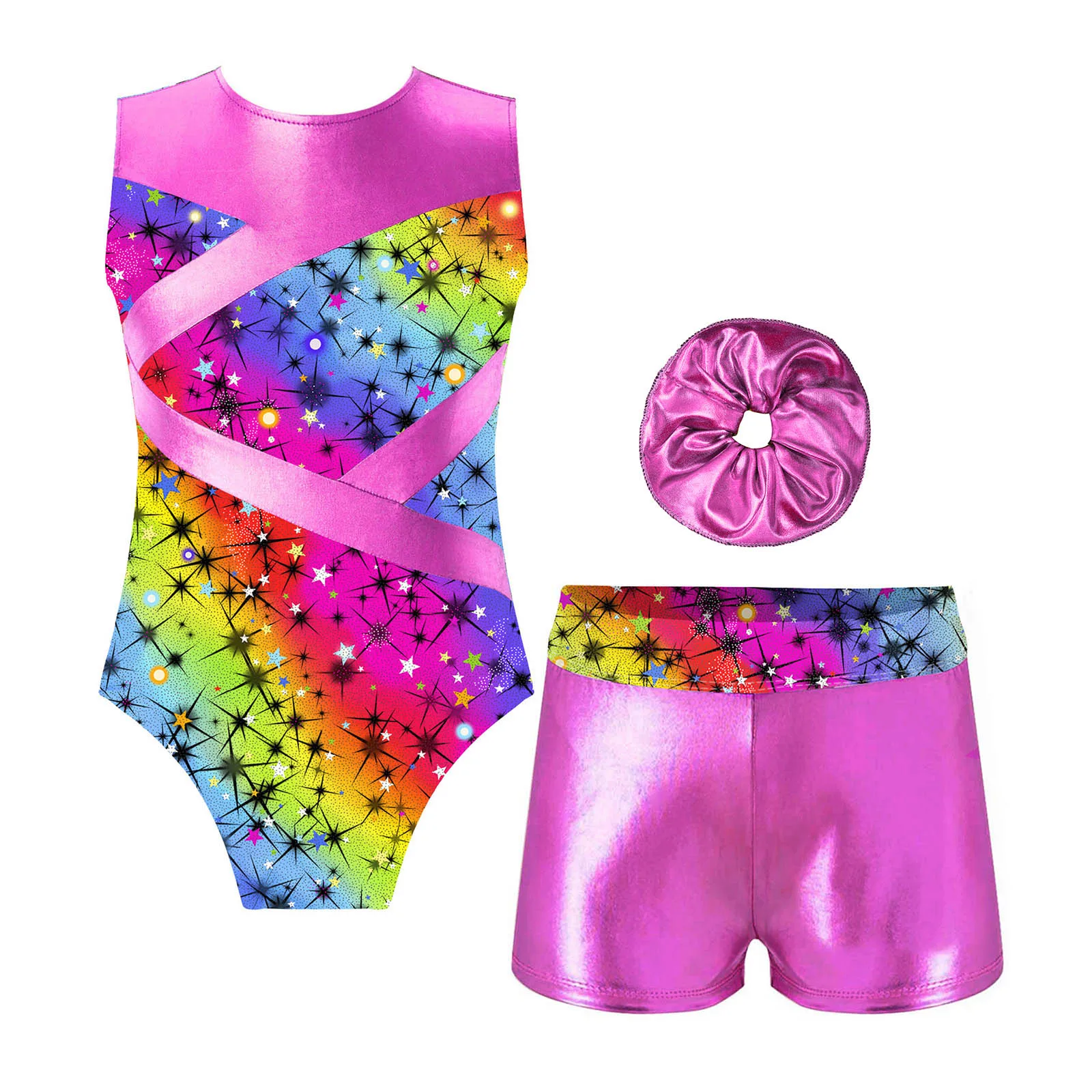 TiaoBug Kids Girls Gymnastics Sport Dance Set Sleeveless Hollow Out Leotard with Shorts and Headband for Competition Performance