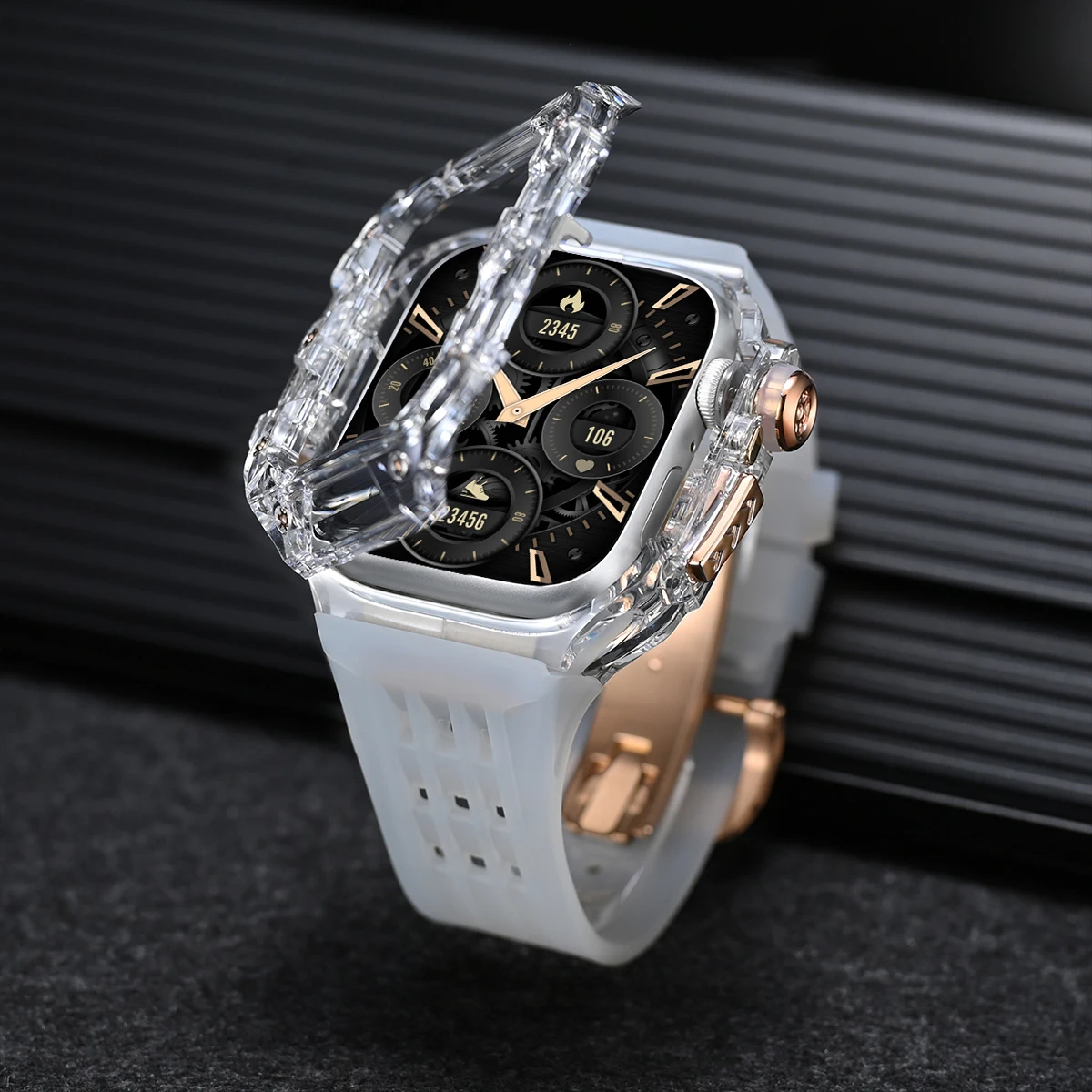 Premium Transparent Apple Watch Case & Fluororubber Strap Kit with Metal Butterfly Buckle