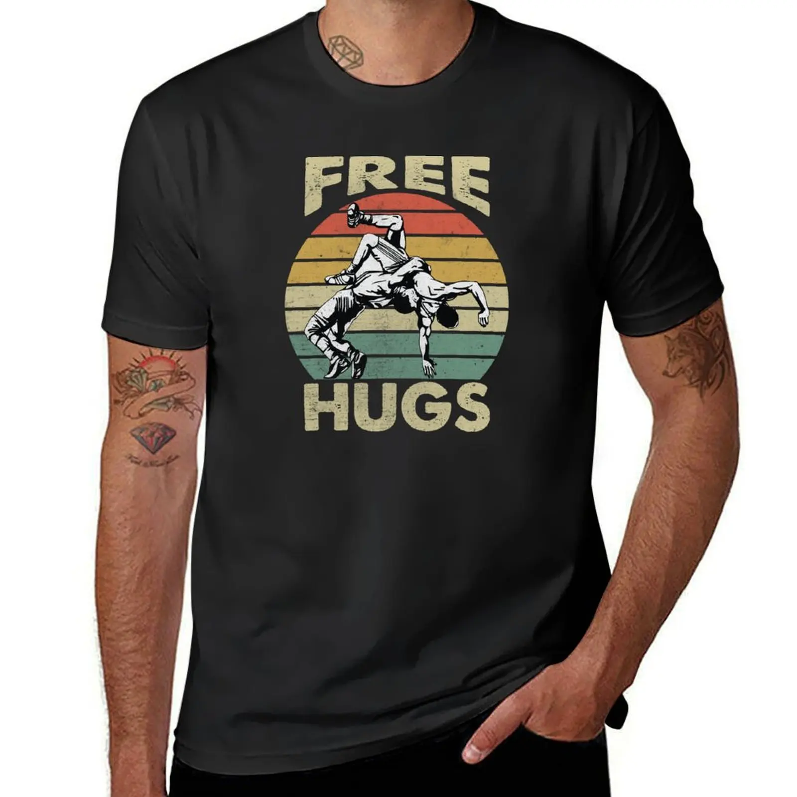 Free Hugs Funny Wrestle T-Shirt sports fans tops oversized Men's t shirts