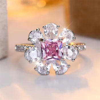 Pink Crystal White Zircon Romantic Flower Rings For Women Vintage Silver Color Bridal Wedding Engagement Jewelry Birthday Gifts