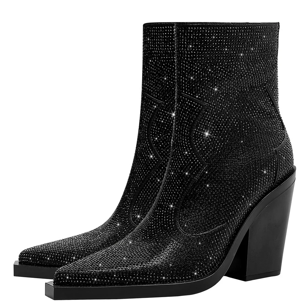 

Fashion Women Crystal Ankle Boots Woman Poitned Toe Black Thick Bottom High Heels Shoes Luxury Ladies Platform Short Boots 2023