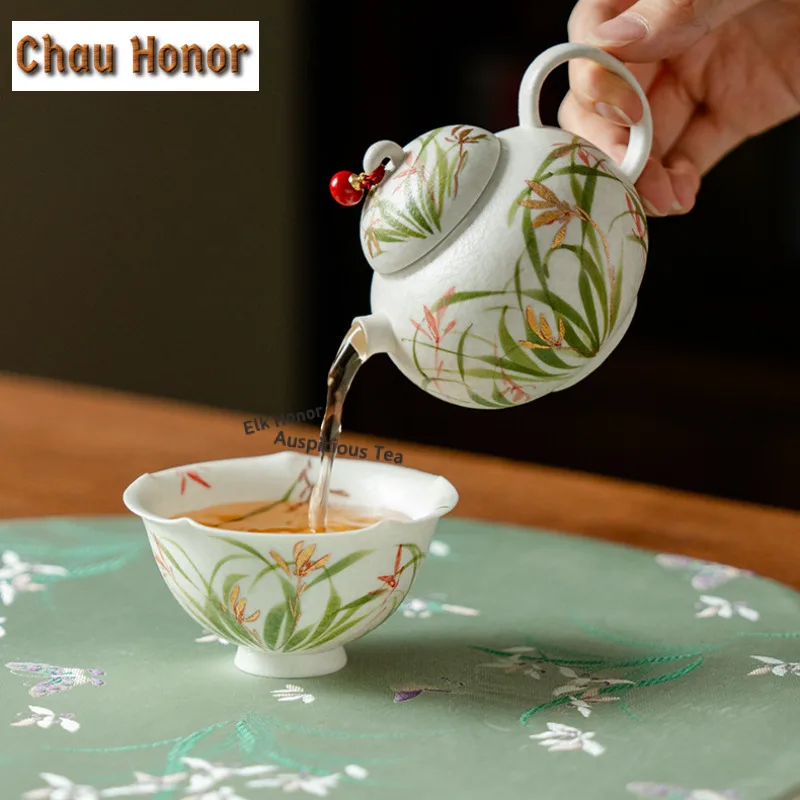 145ml Hand-painted Orchid Flowers Teapot Creative Tea Infuser Pot Tea Brewing Kettle with Ball Hole Tea Services Supplies Gift