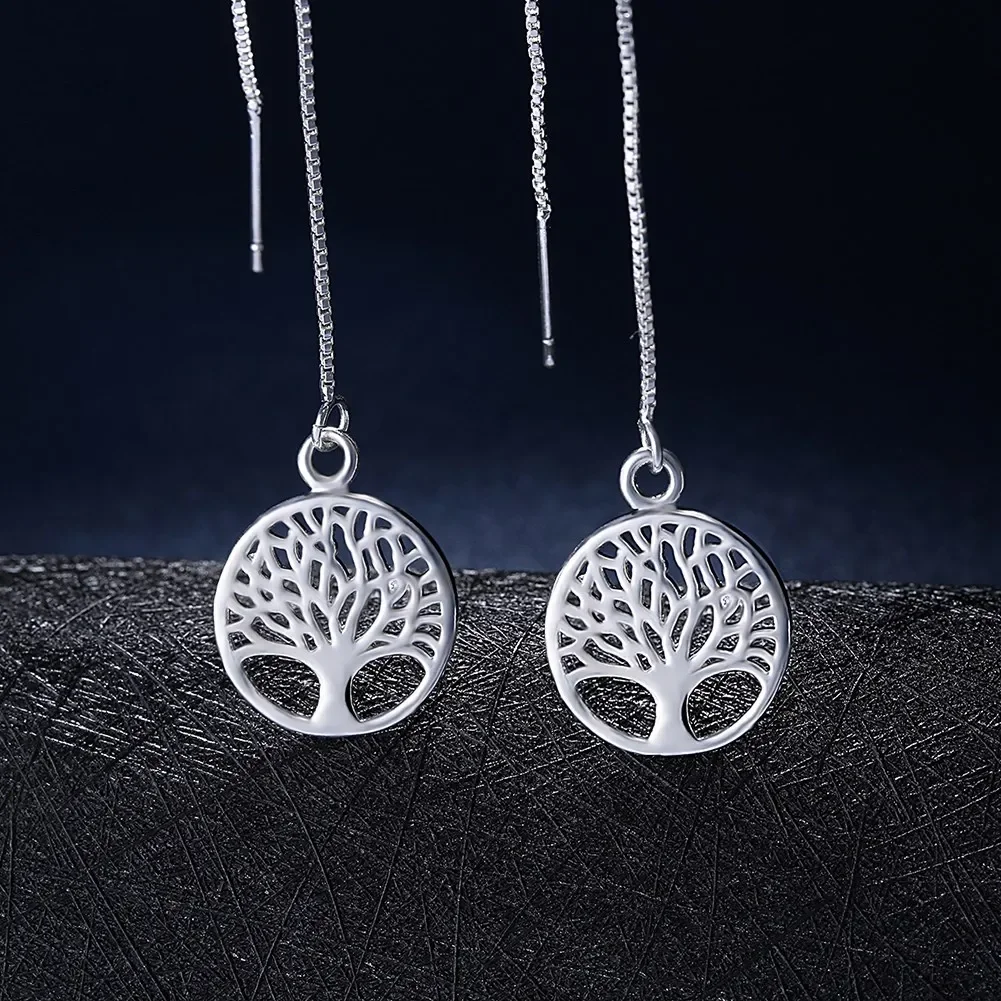 

New 925 Sterling Silver Long Earrings For Women Jewelry Exquisite Round Tree Drop Christmas Gifts Charms