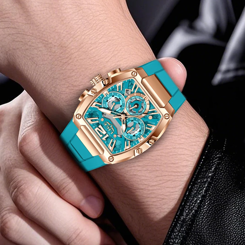 LIGE Sports Chronograph Wrist Watch For Men Square Silicone Waterproof Luminous Men Watch Calendar Quartz Watch Clock Male Gift