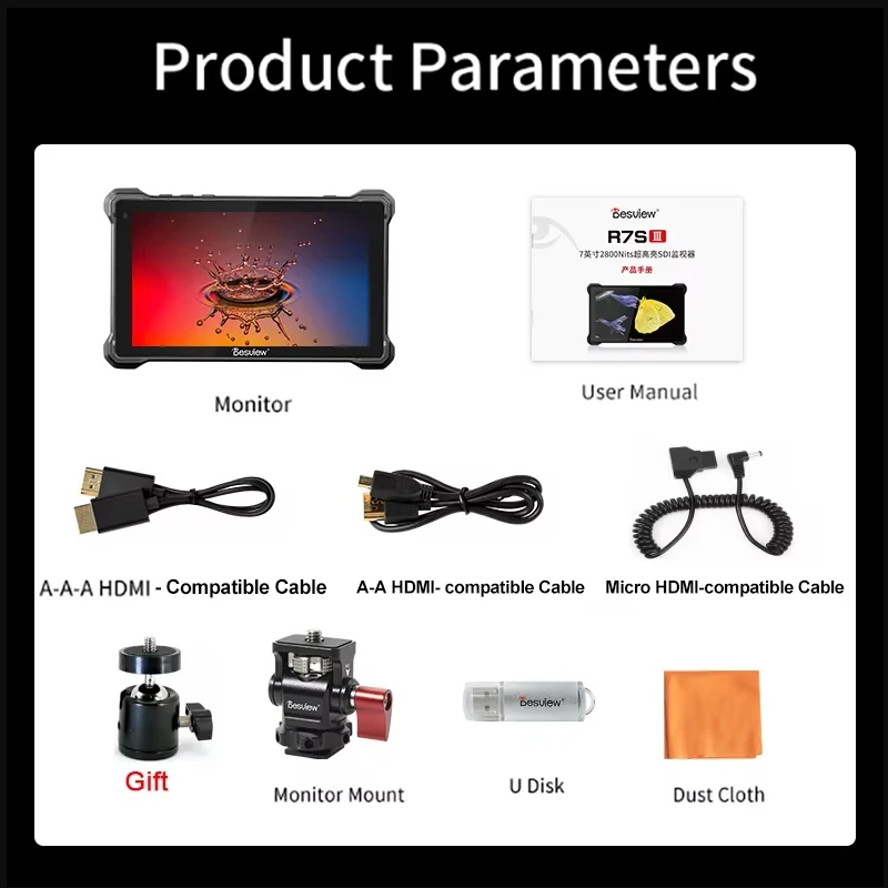 Camera Field Monitor 7 inch 2800nits UHB Touch Screen Full SDI/HD IPS 178&deg; View Angle 4K 3G-SDI Monitor Desview R7SIII/R7III