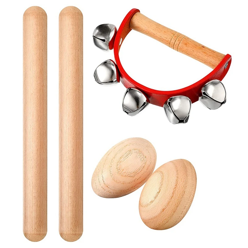 Musical Percussion Instrument Set,Rhythm Sticks + Wood Egg Shakers + Tambourine Jingles Bell,for Christmas Kids Party