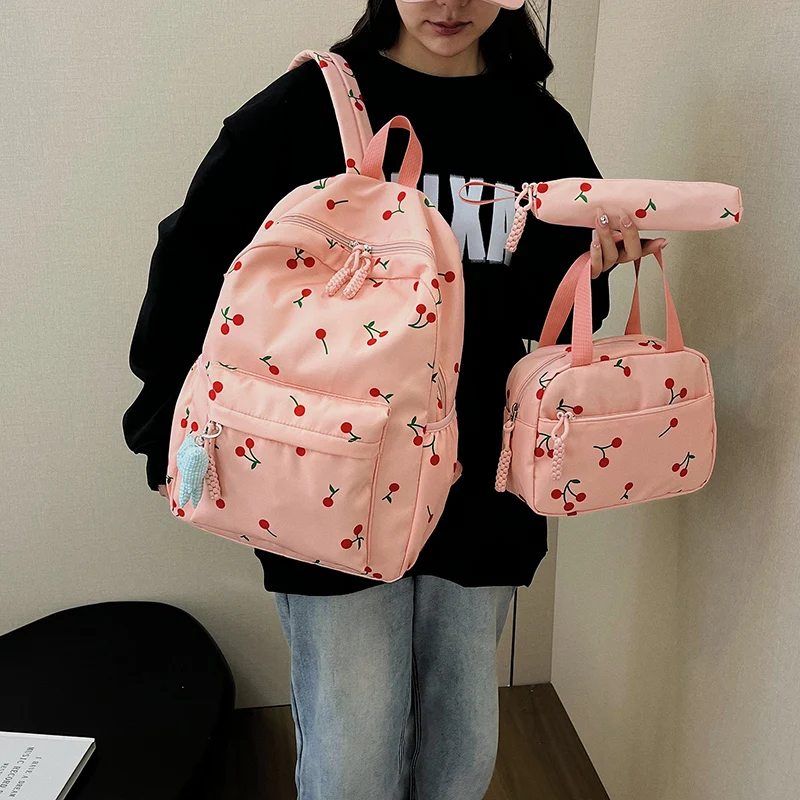 런치백과 필통이 포함된 3피스 귀여운 백팩 올매치 스쿨백 대용량 카와이 나일론 백팩 여행용 백팩