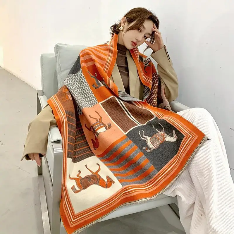 Luxury Winter Cashmere Scarf Women 2023 New Design Warm Pashmina Blanket Horse Scarves Female Shawl Wraps Thick Foulard Bufanda luxury winter cashmere scarf women 2022 design plaid pashmina femme stole scarves female shawl wrap thick foulard bufanda tippet