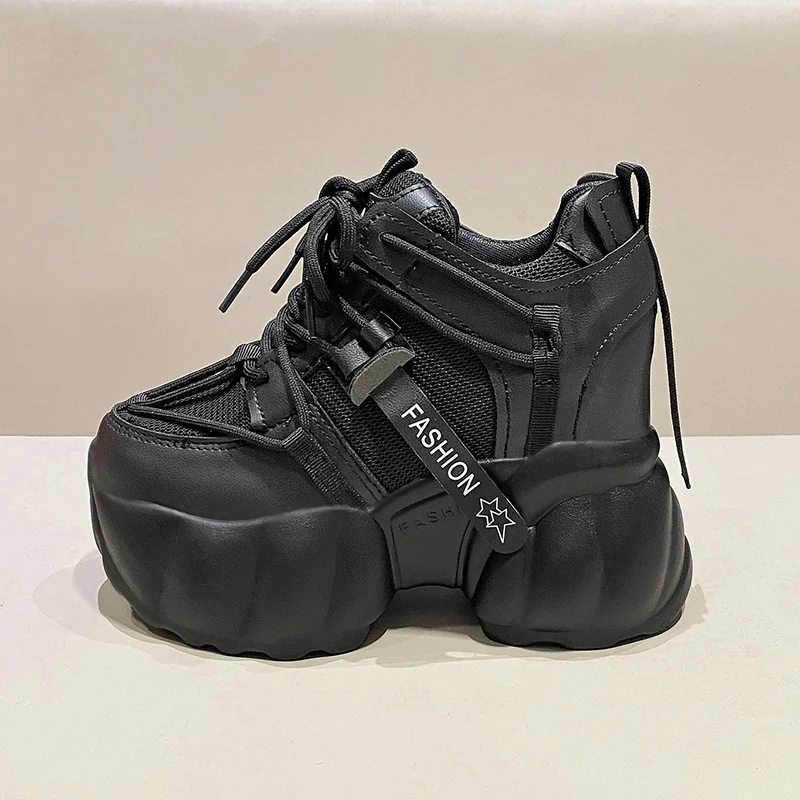 

11CM Women Chunky Sneakers Spring Autumn High Platform Ulzzang Leather Thick Sole Shoes Breathable Casual Sport Dad Walking Shoe
