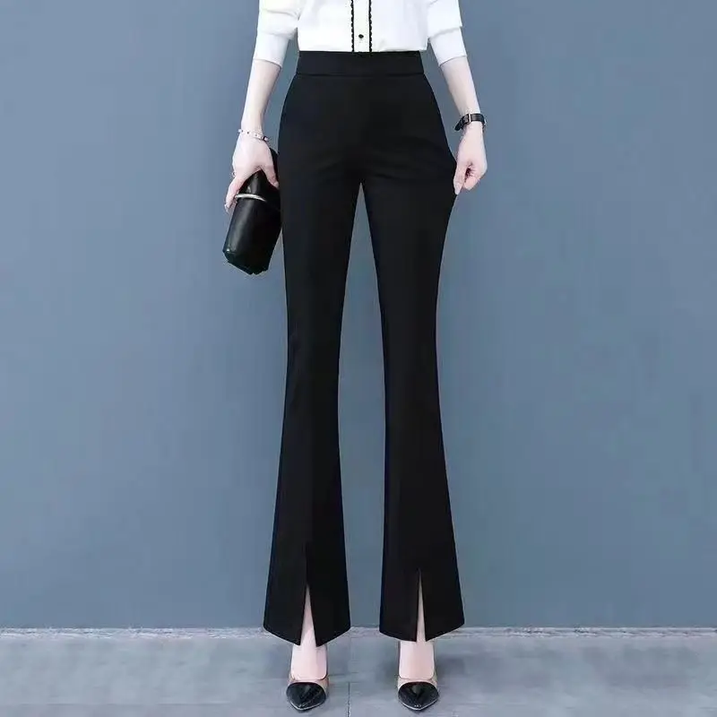 2023 Spring and Autumn Women's Pocket Elastic Split Horn High Waist Slim Fit Solid Color Fashion Casual Elegant Commuter Pants