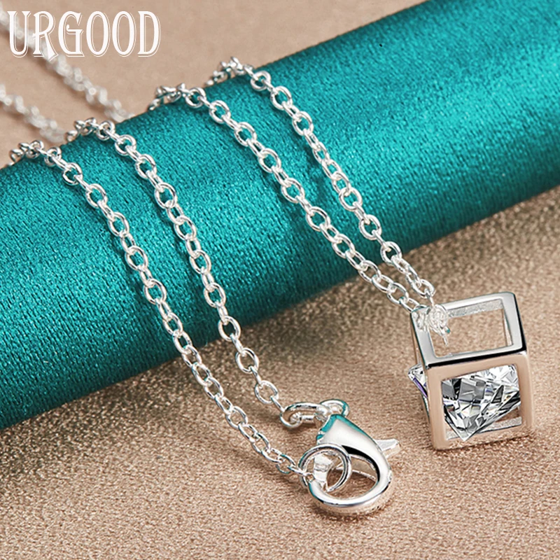 

925 Sterling Silver AAA Zircon Square Cube Pendant Necklace 16-30 Inch Chain For Women Party Engagement Wedding Fashion Jewelry