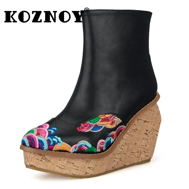 

Koznoy 11CM Women Retro Sheepskin Leather Ethnic Fashion Mid Calf Ankle Boots Embroider Plush Point Toe Novelty Bohemian Shoes