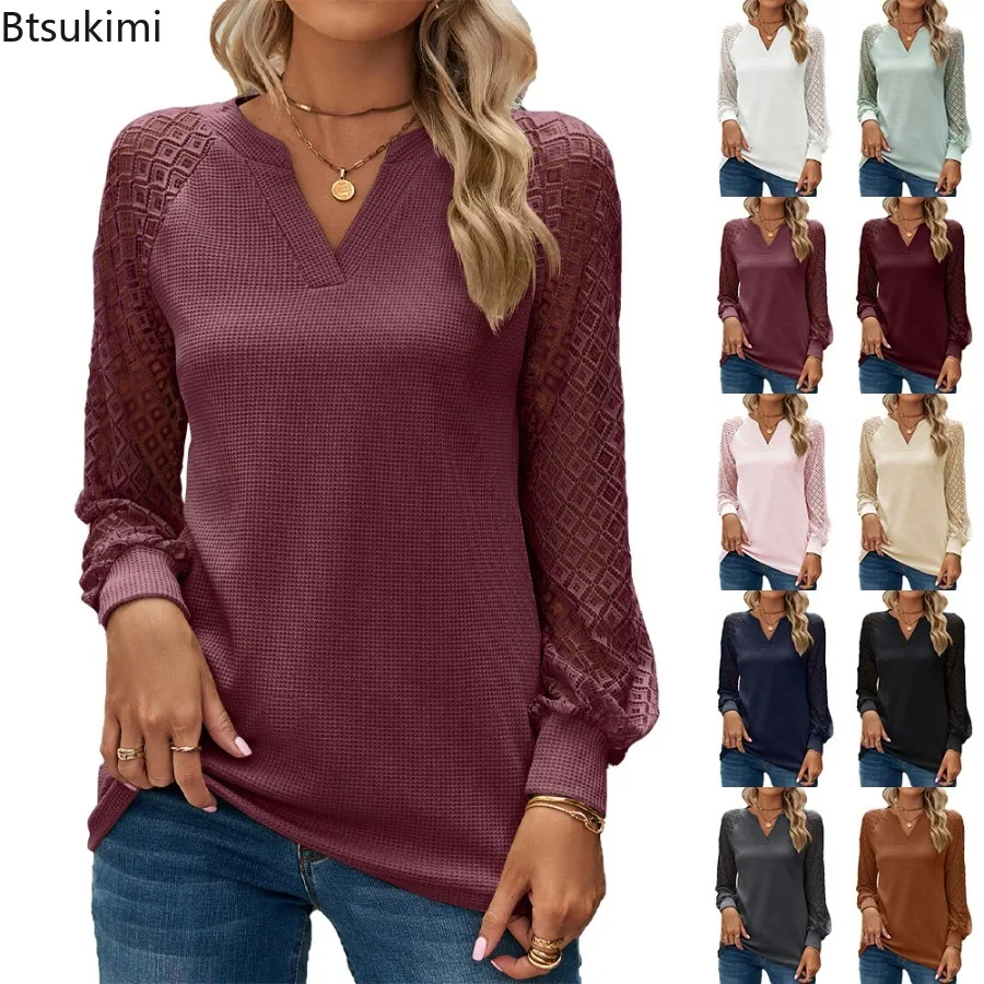 

2024 Women's Casual Patchwork Tops Sweater V Neck Long Sleeve Lace Crochet Blouse Elegant Solid Blusas Female Work Tunic Chemise