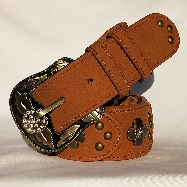 

Vintage Encrusted Leather Women's Belt Floral Copper Buckle Clothing Accessories Suede Waistband Rhinestone Inlaid Fashion Belt