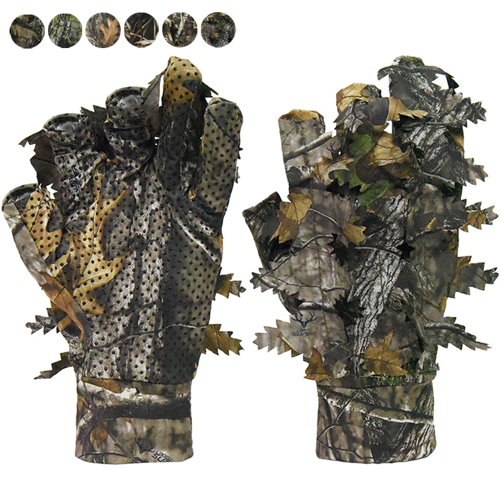 Camouflage Hunting Gloves 3D Leafy Ghillie Gloves Anti-Slip Camo for Outdoor Hunting Fishing Wildlife Photography