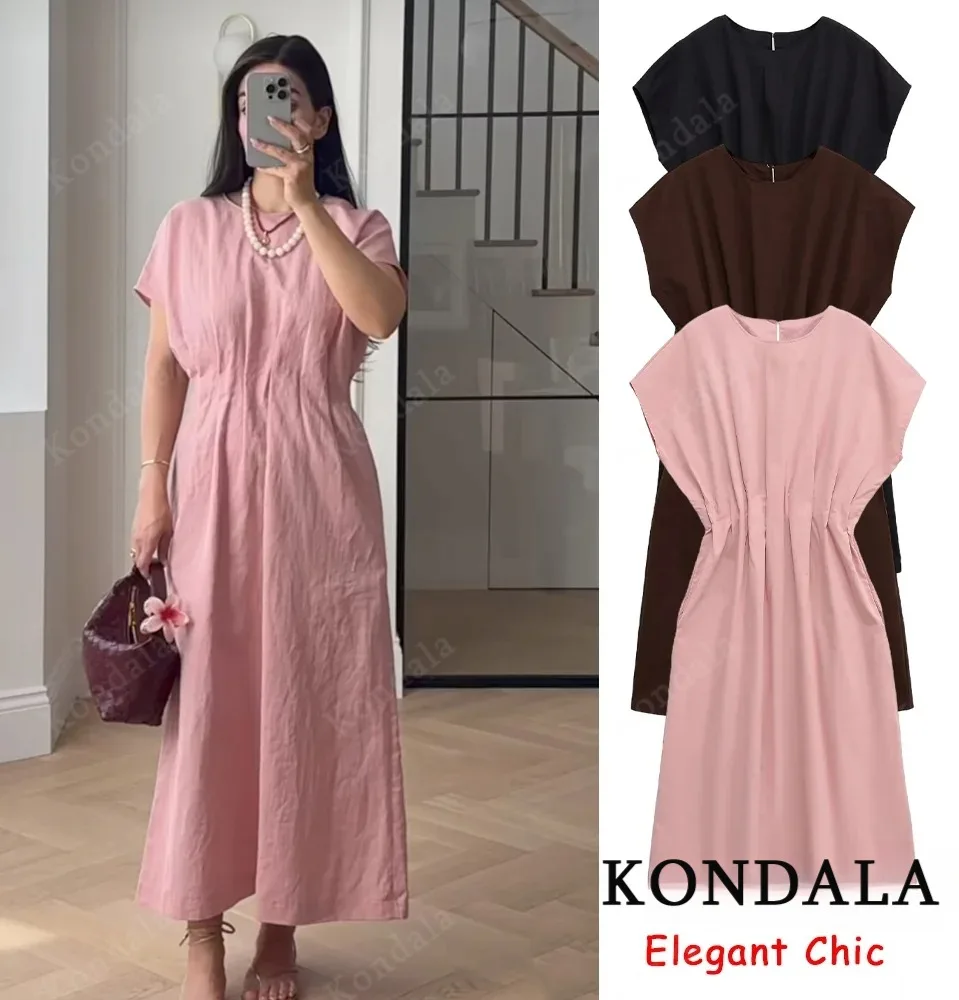 KONDALA Herbst Elegantes Casual Chic Kleid Frauen Breite Schulter Oansatz Tasche Taille Gefaltetes Kleid 2025, Sommer Pendler Einfaches Kleid